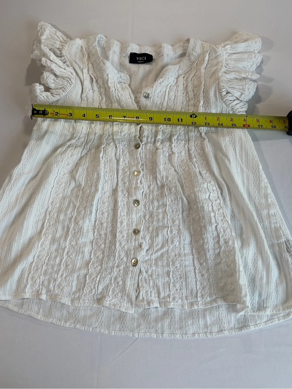 Vici White Ruffled Lace-Front Button Blouse - Picture 2 of 5